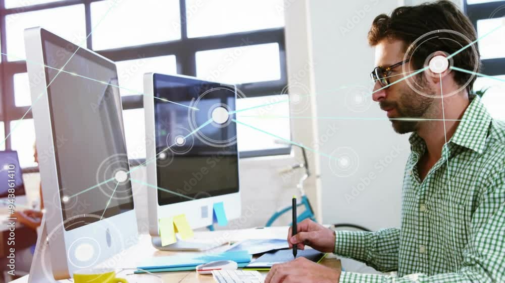 Poster network of connections and data processing animation over man working at desk