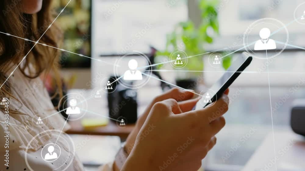 Aufkleber networking icons and connections animation over person using smartphone in office