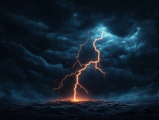 Dramatic lightning bolt hitting the ocean under a stormy night sky, illuminating dark clouds with a vivid flash.