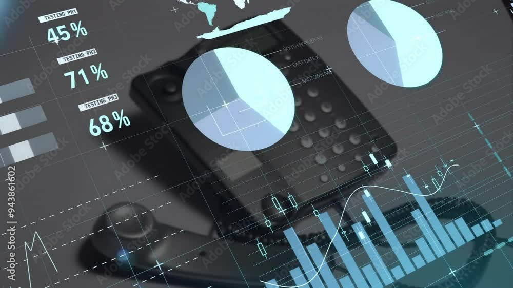 Poster graphs and charts animation over office phone and world map