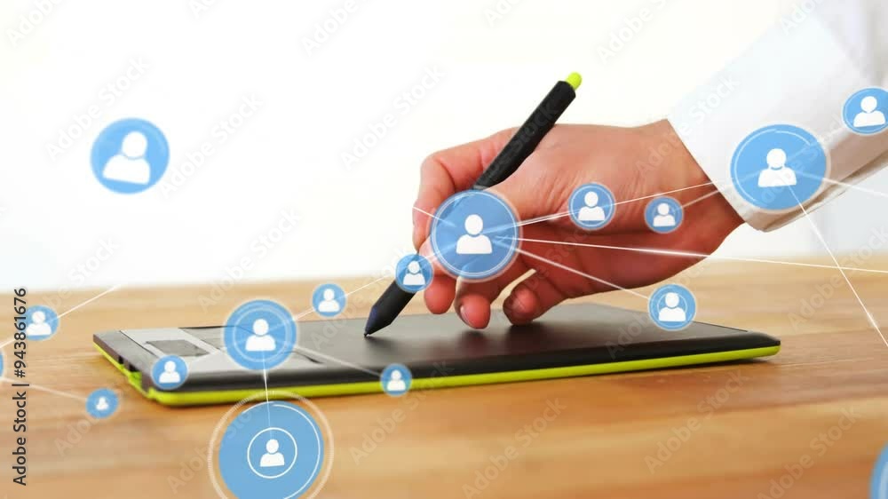 Poster hand using stylus on tablet with network of connections animation over it