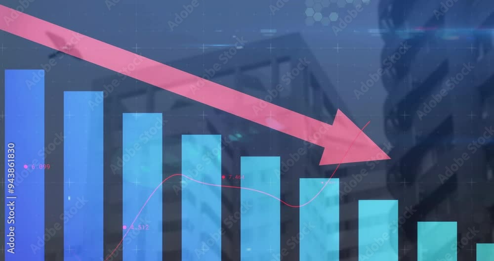 Poster declining bar chart and red arrow animation over cityscape background
