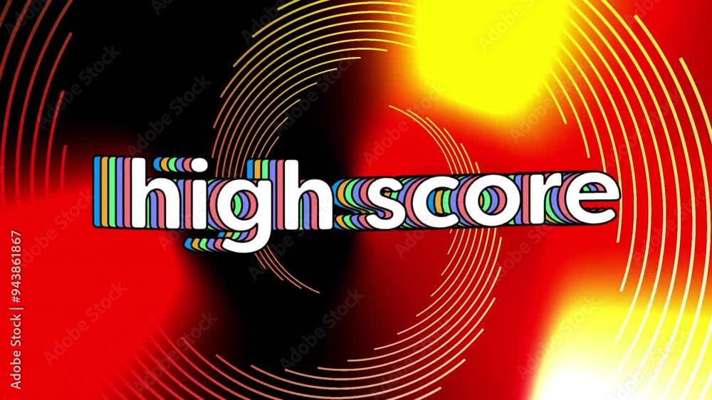 Poster high score text animation over colorful abstract background with circular patterns