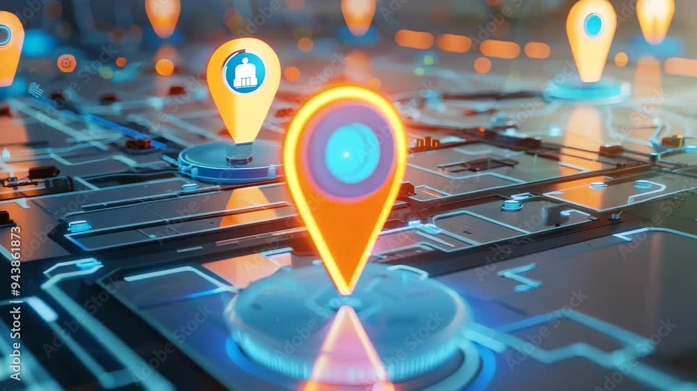 Poster a vibrant map is adorned with numerous blue and orange pins, highlighting various locations and poin
