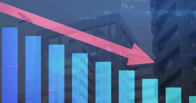 Declining bar chart and red arrow animation over cityscape background