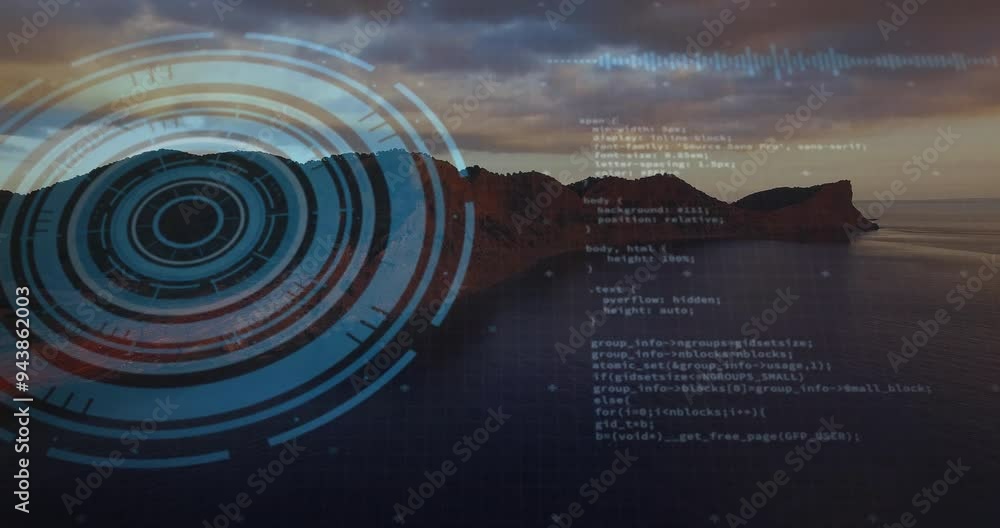 Poster circular data visualization and programming code animation over mountain landscape