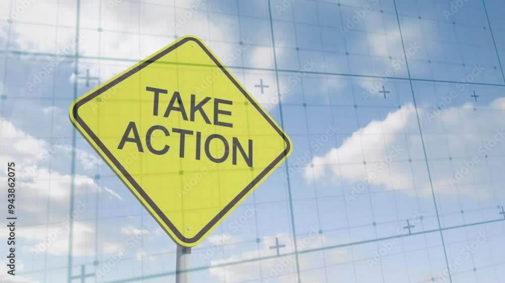 Poster take action sign animation over grid and cloudy sky background