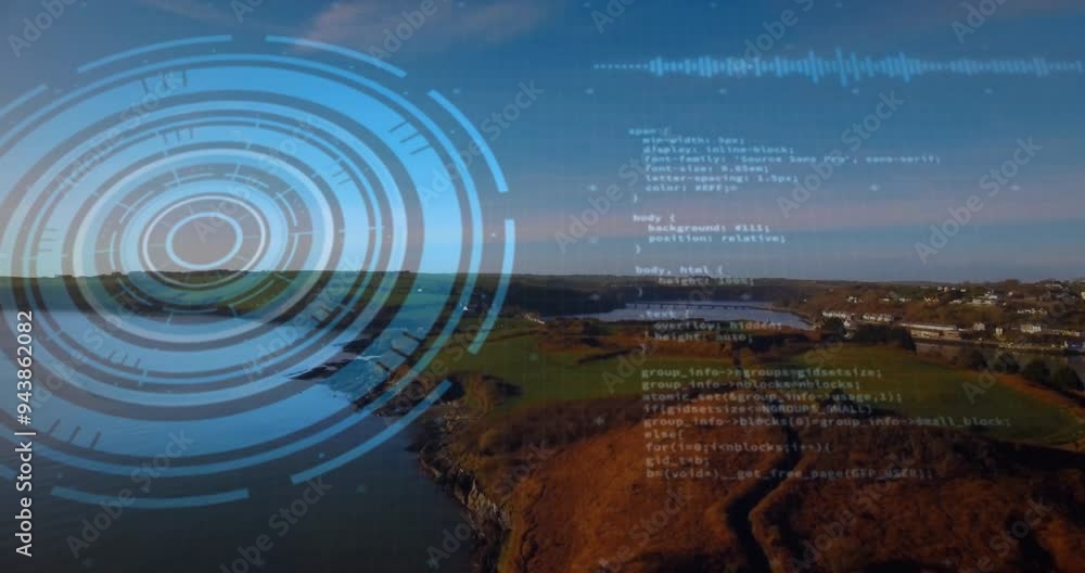 Poster visualizing circular data and animating code over coastal landscape