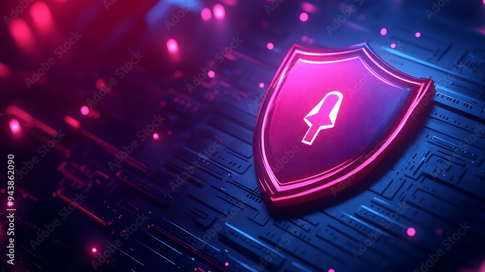 Poster glowing pink shield representing cybersecurity and data protection, placed on a futuristic, high-tec