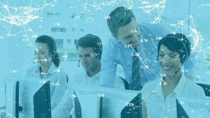 Network of connections and data processing animation over diverse call center team - Powered by Adobe