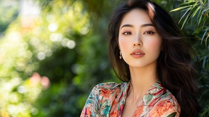Fototapeta premium A woman exudes confidence in her modern casual urban outfit while enjoying a sunny day in a vibrant botanical garden