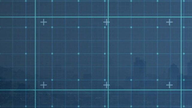 Blueprint grid with technical drawing animating over cityscape background
