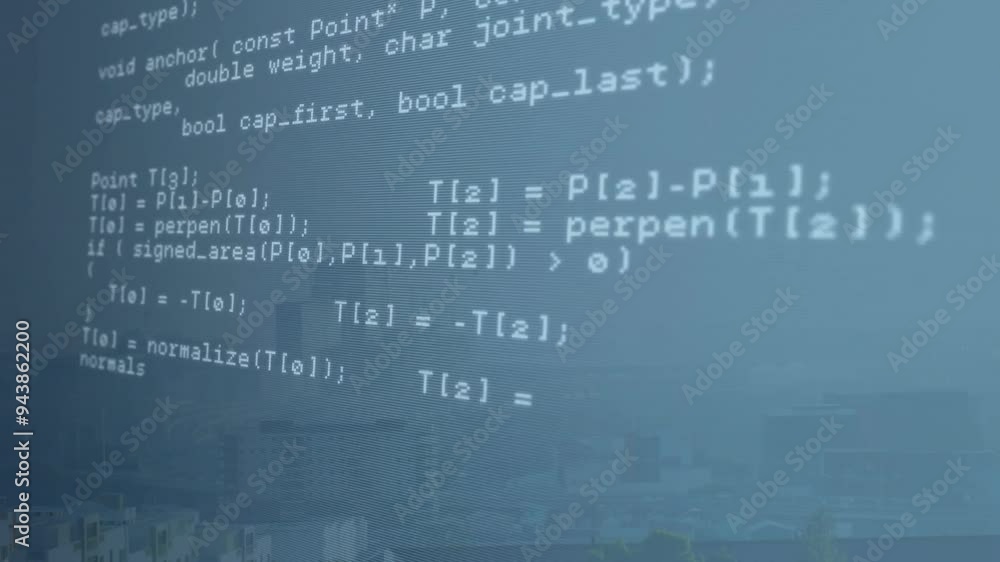 Poster animating programming code and mathematical formulas over cityscape background