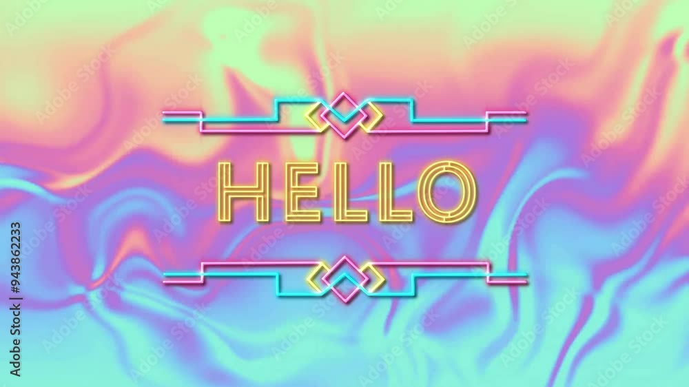 Aufkleber hello text animation over colorful abstract background with geometric accents