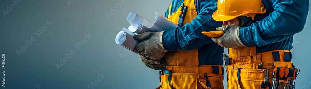 Wall mural Two Builders with Tools and Blueprints concept as Two builders holding tools and blueprints set against a clean background offering ample space for text or graphics symbolizing efficient and friendly 