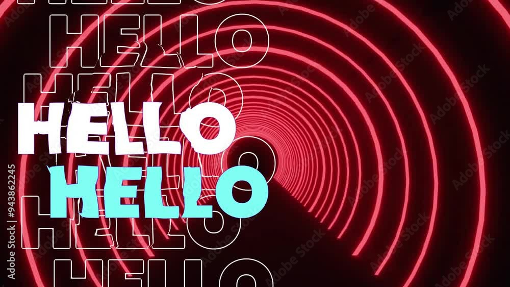Poster hello text animation over red neon tunnel with circular patterns