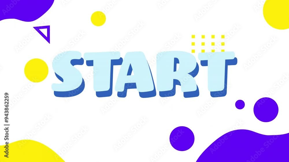 Poster start text animation over colorful geometric shapes on white background