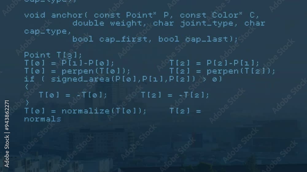 Poster animating computer code over cityscape background