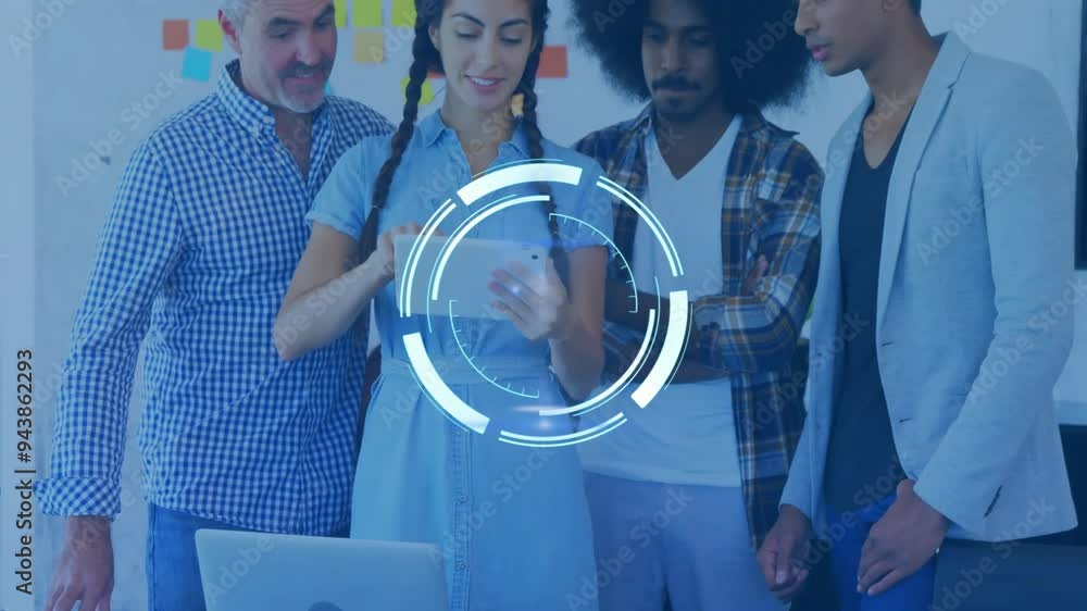 Poster discussing project, diverse colleagues using futuristic digital interface in office