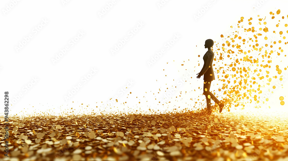 Poster 3d icon person showered in coins concept as a person being showered in gold coins with a clean backg