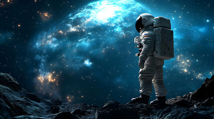 Astronaut standing on an alien planet, looking at a large blue planet and a starry sky.