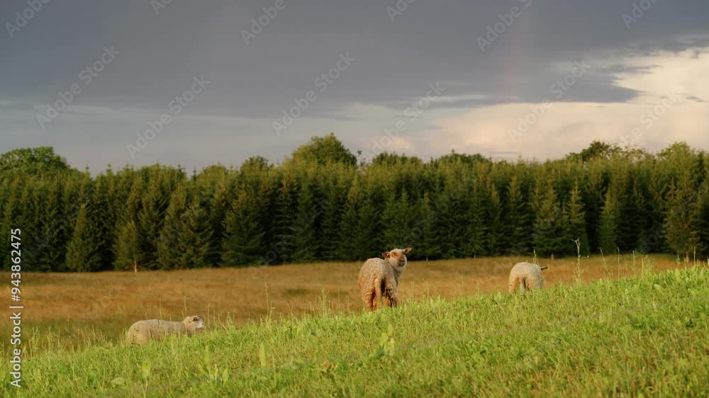 Aufkleber sheep standing and looking back in a grass field with pine tree forest in the background at sunset.