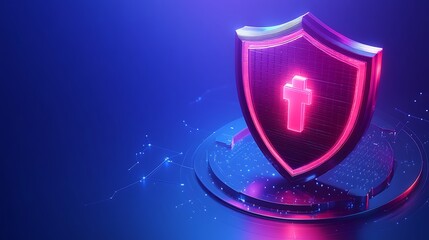 Fototapeta premium Glowing red shield with cross on blue tech background symbolizing cybersecurity, digital protection, and antivirus software.