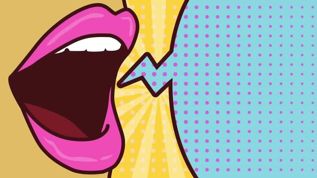Open mouth with pink lips and comic-style speech bubble animation