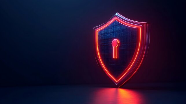 Glowing red shield with a keyhole representing cybersecurity, data protection, and secure technology in a dark background.