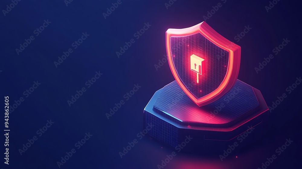 Poster glowing red shield with secure icon on dark background. concept of cybersecurity and data protection