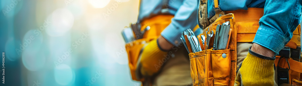 Aufkleber two handymen with toolbelts and blueprints concept as two handymen wearing toolbelts and holding blu