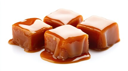 Three caramel cubes with a generous drizzle of caramel sauce, isolated on white, capturing the essence of sweetness.