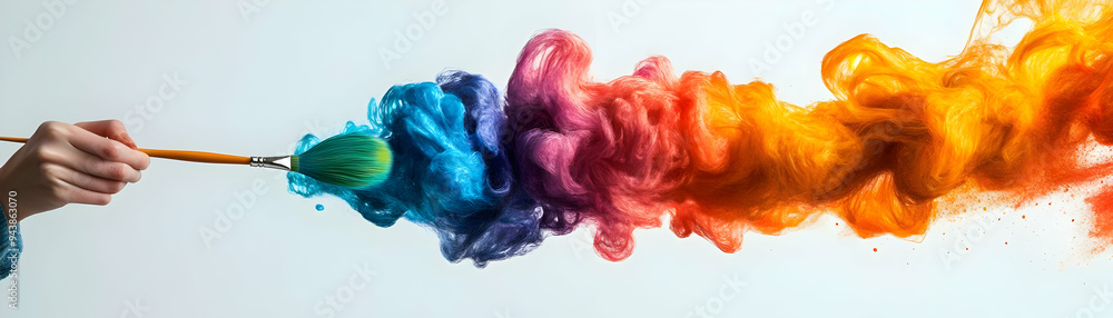 Poster person with magic brush and floating paints concept as a person holding a magic brush with floating 