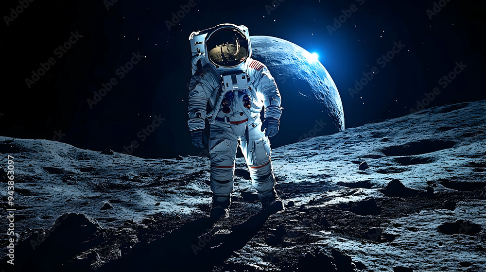 Poster astronaut standing on the moon's surface with a planet in the background.