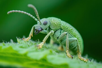 Fototapeta premium Green Beetle with Long Antennae on a Leaf