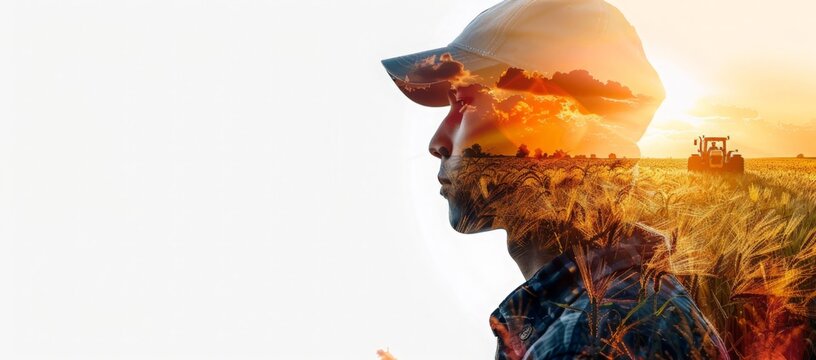 Double exposure image depicts an agronomist in a field with a tractor and a sunset superimposed on his face