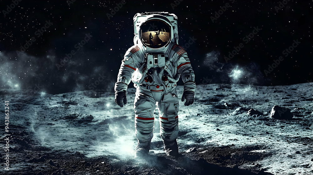 Poster astronaut standing on the moon's surface with a reflection of a person in his helmet.