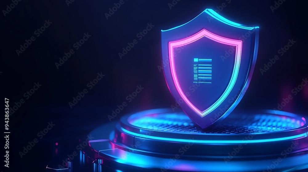 Poster glowing shield with neon lights, representing cyber security and data protection in a futuristic vir
