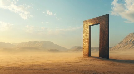 Vast desert scene with a single open door standing alone, suggesting a gateway to another world. Ideal for abstract, fantasy-themed visuals.
