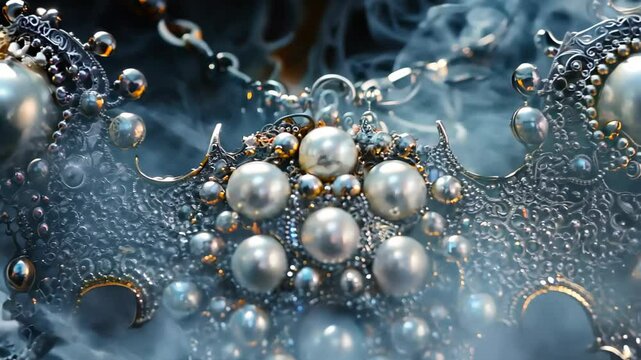 A striking painting featuring an intricately designed corset adorned with shimmering pearls and sparkling crystals, set against a dramatic black background for a captivating contra