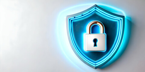 Cybersecurity shield border with glowing lock and copy space concept as A border frame featuring a cybersecurity shield design with a glowing lock icon framing a central copy space. The design represe
