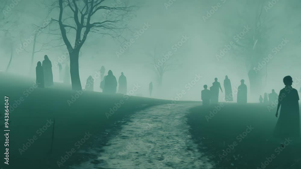Poster a group of individuals strolls along a winding path through a mysterious forest shrouded in fog, cre