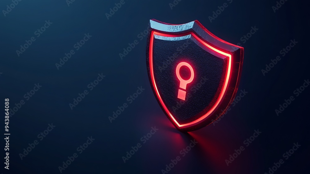 Poster illuminated shield with a keyhole symbol represents cybersecurity and protection on a dark backgroun