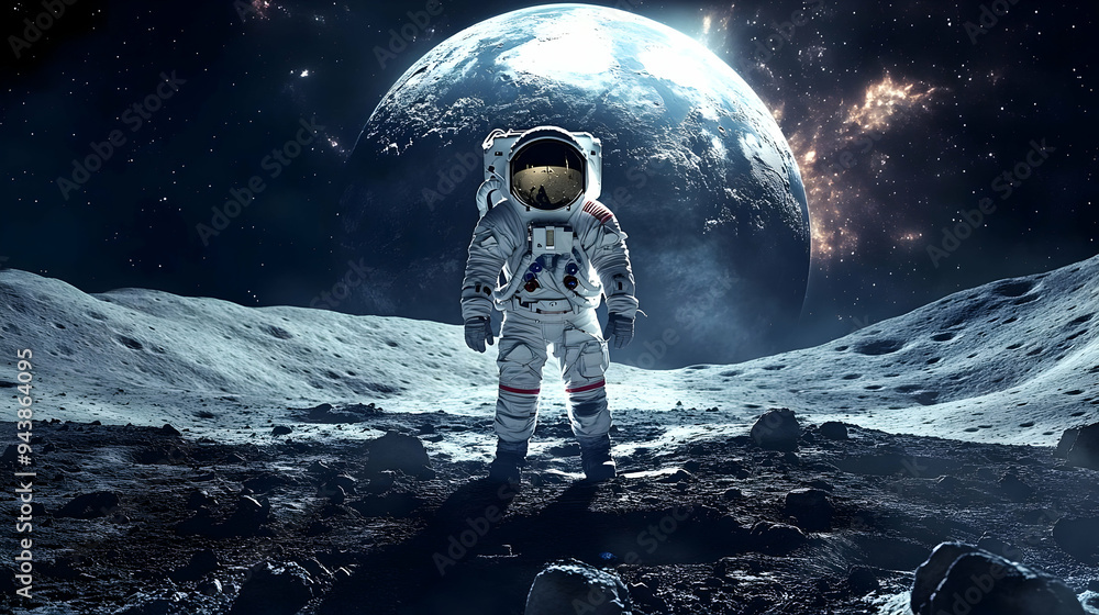 Poster astronaut stands on a moon-like surface with a large planet in the background.