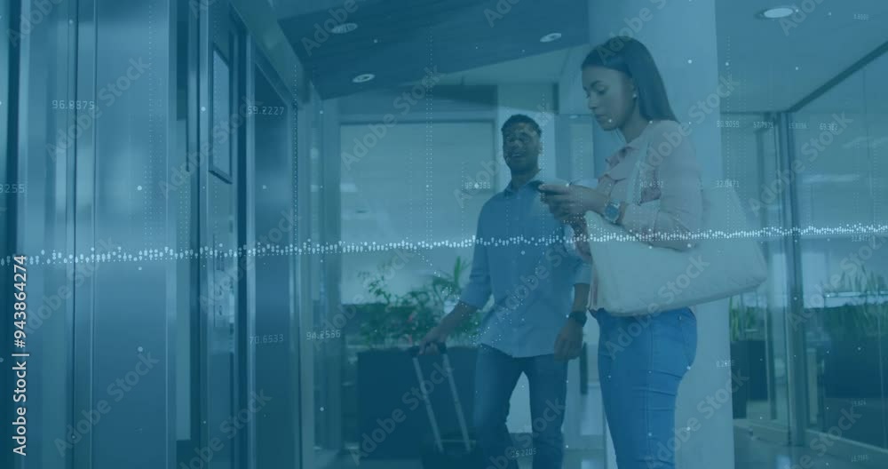 Poster data processing animation over people waiting for elevator in office building