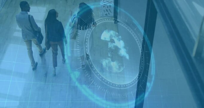 Digital security animation over people walking in modern office building