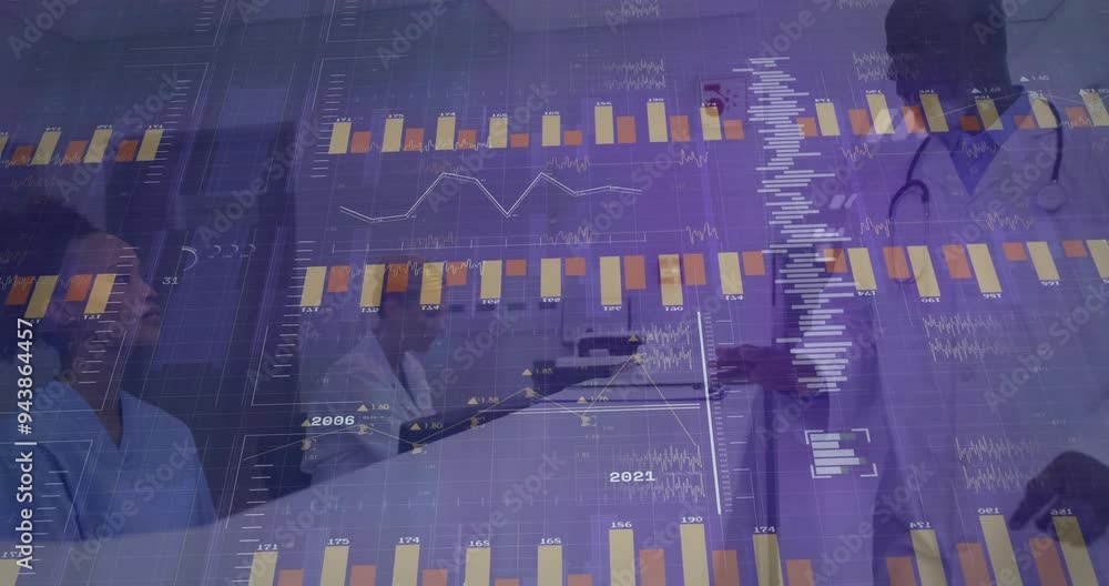 Poster analyzing data charts and graphs animation over medical professionals in discussion