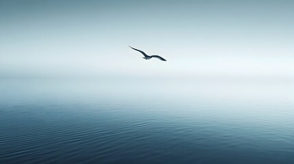 Obraz premium A single bird gracefully soaring against the backdrop of a calm vast ocean its silhouette standing out in the serene minimalist landscape This captivating image evokes a sense of freedom adventure
