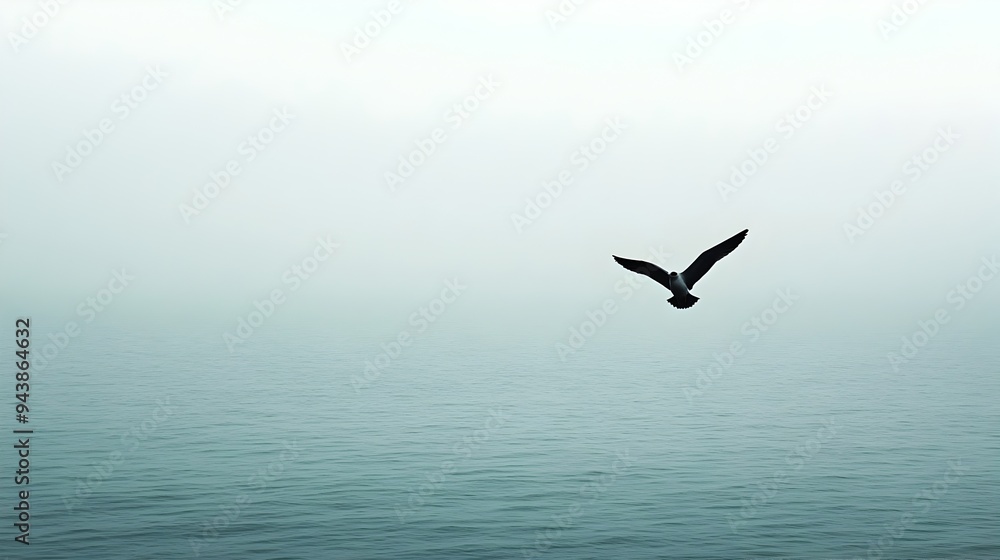 Aufkleber a single bird gracefully soaring over a tranquil calm sea with a vast minimalist sky providing ample