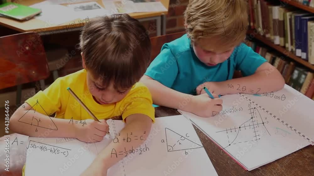 Poster mathematical equations and graphs animation over children studying in classroom